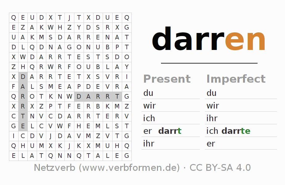 Word search puzzle for conjugation of German verb darren