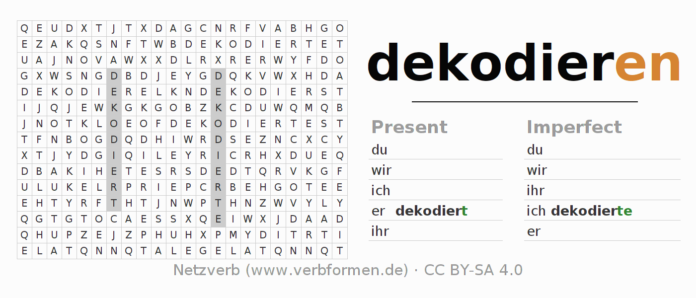 Word search puzzle for conjugation of German verb dekodieren