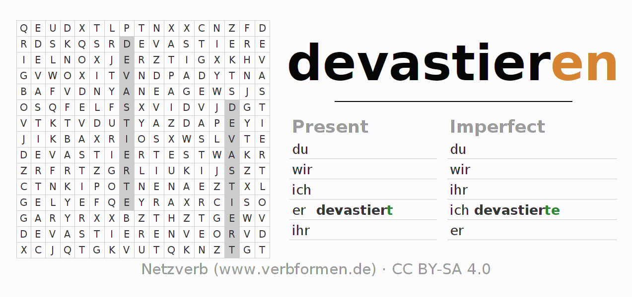 Word search puzzle for conjugation of German verb devastieren