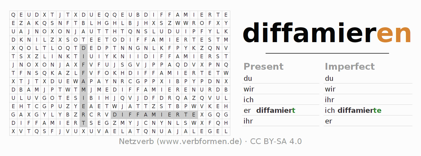 Word search puzzle for conjugation of German verb diffamieren