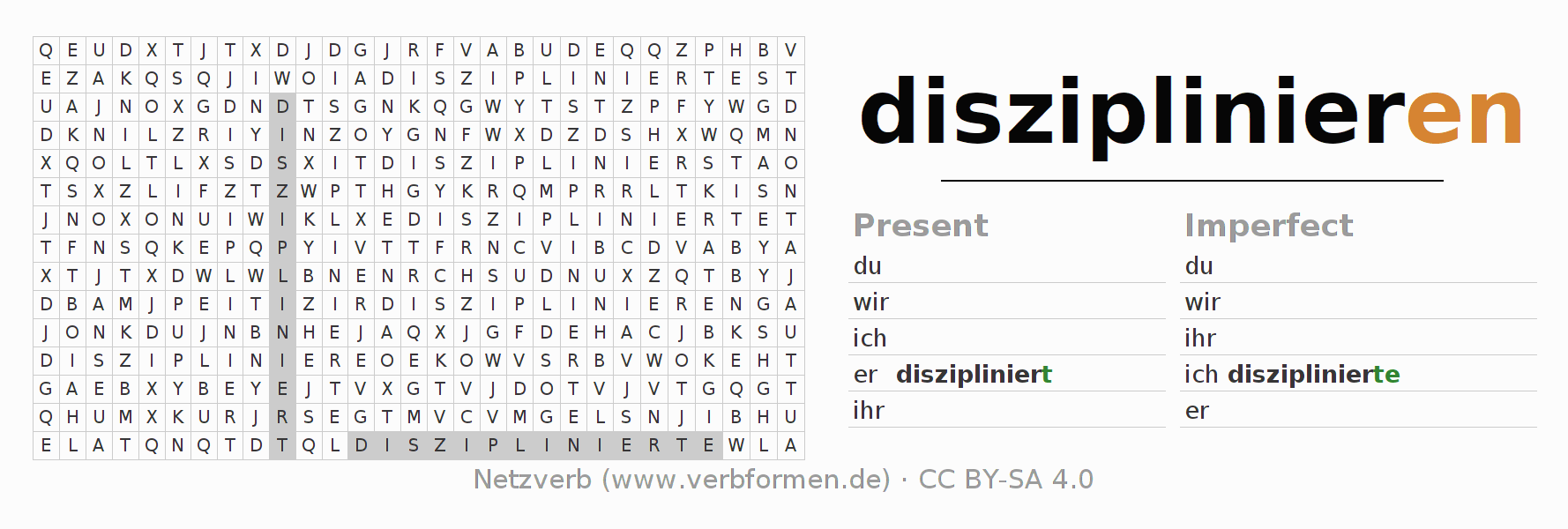 Word search puzzle for conjugation of German verb disziplinieren