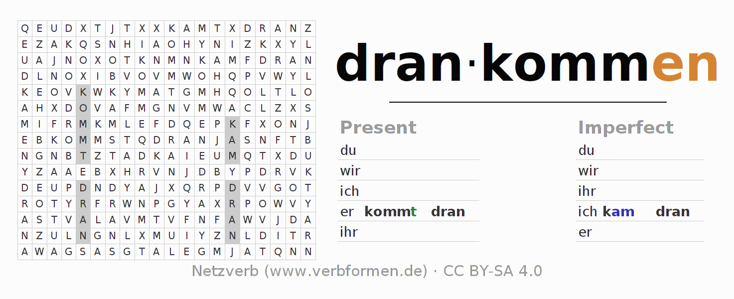 Word search puzzle for conjugation of German verb drankommen