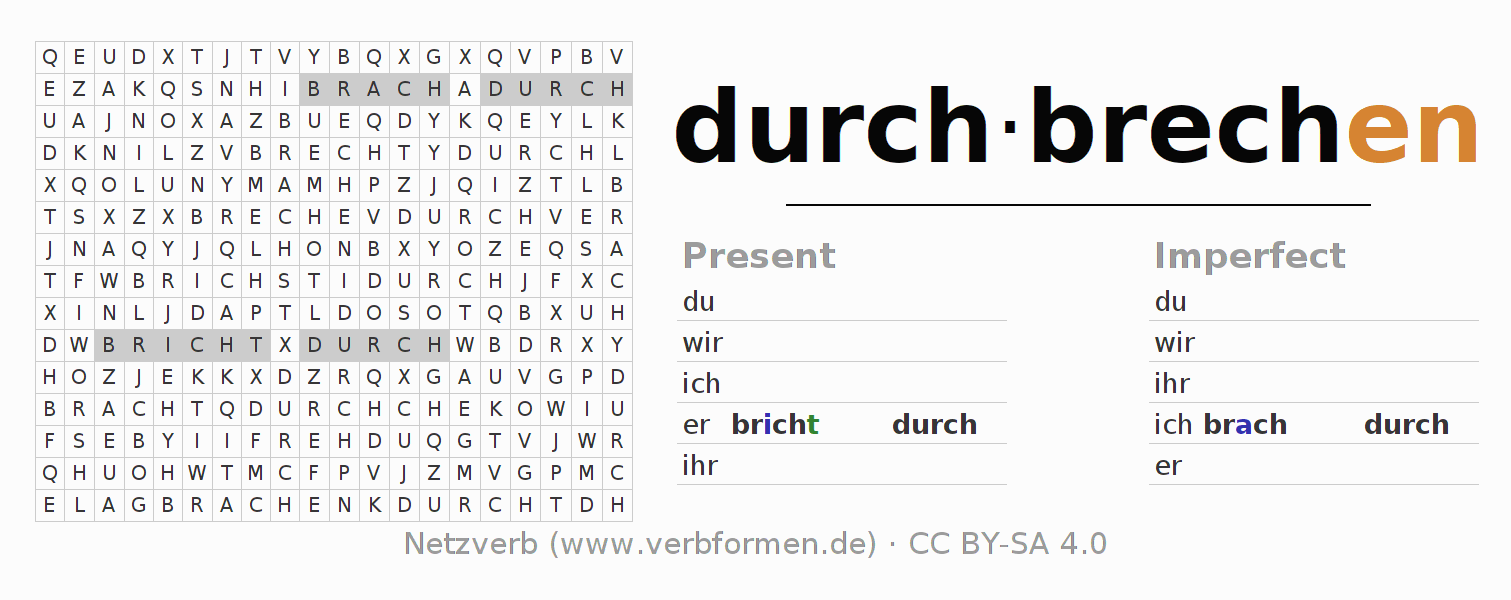 Word search puzzle for conjugation of German verb durch-brechen (hat)