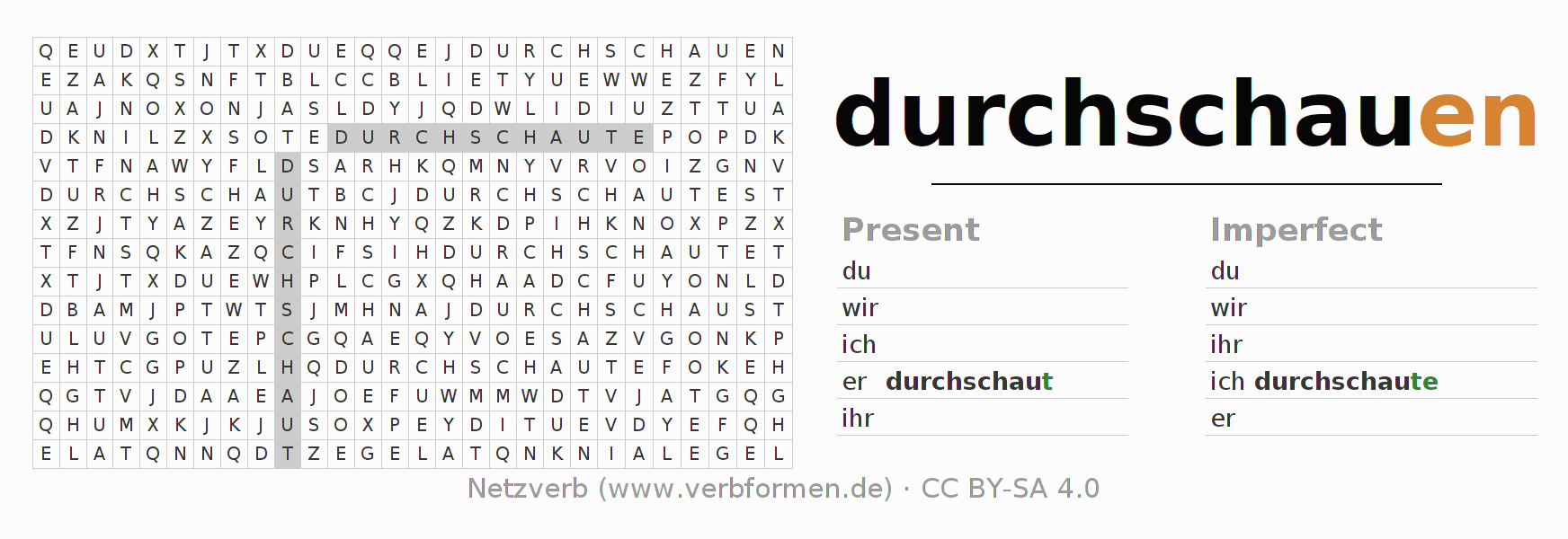 Word search puzzle for conjugation of German verb durchschauen