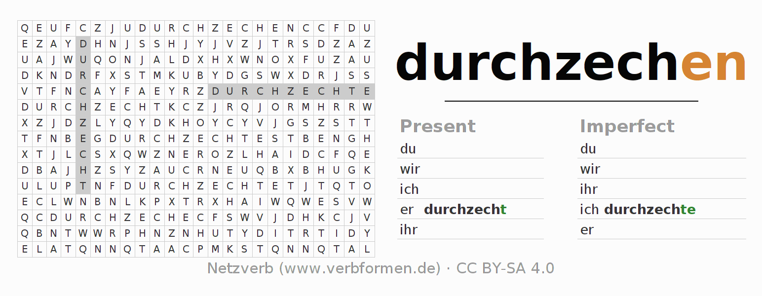 Word search puzzle for conjugation of German verb durchzechen