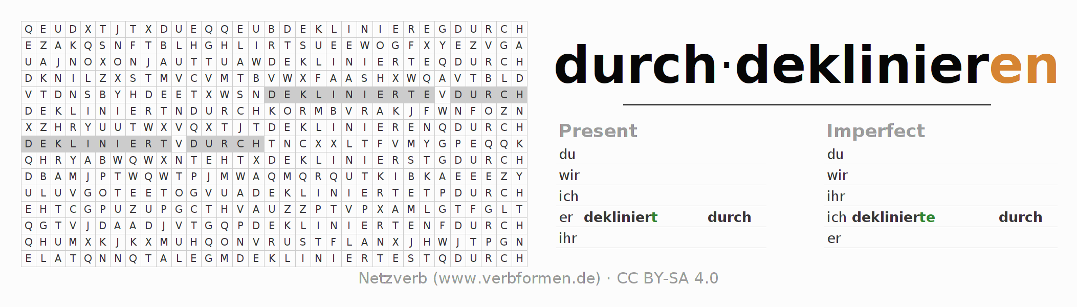 Word search puzzle for conjugation of German verb durchdeklinieren