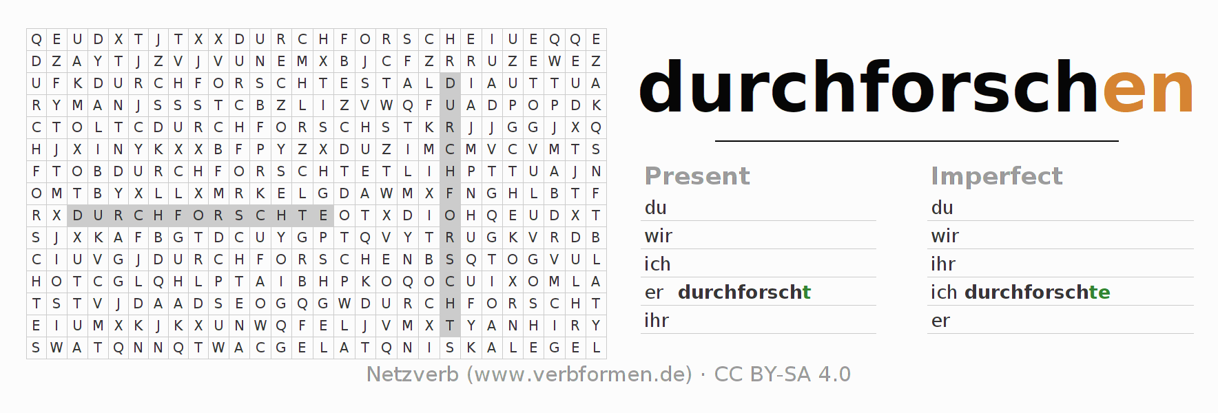 Word search puzzle for conjugation of German verb durchforschen