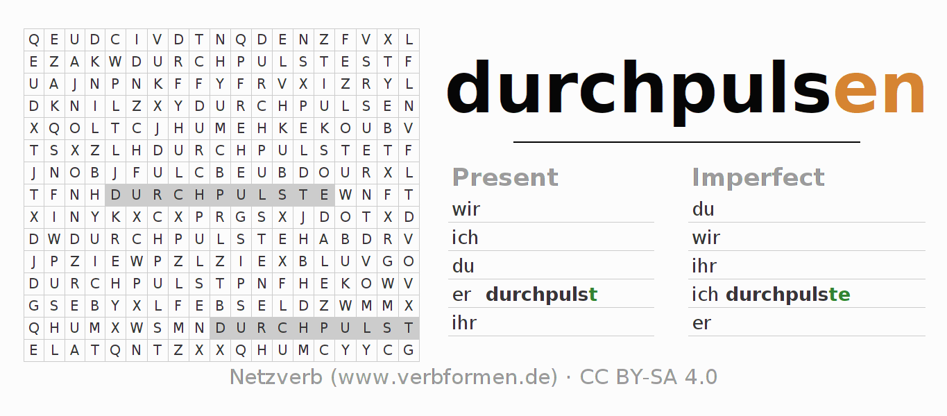 Word search puzzle for conjugation of German verb durchpulsen