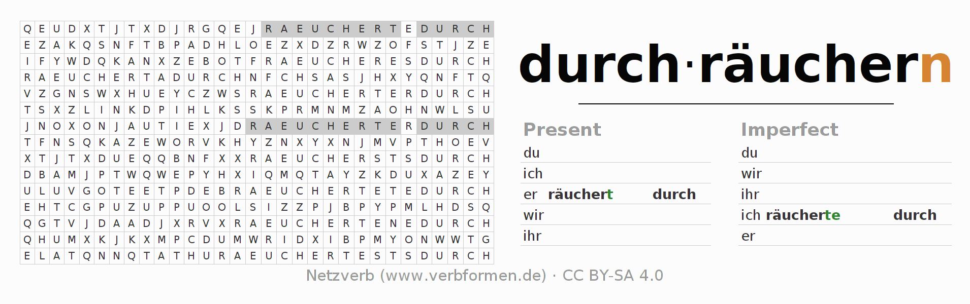 Word search puzzle for conjugation of German verb durchräuchern