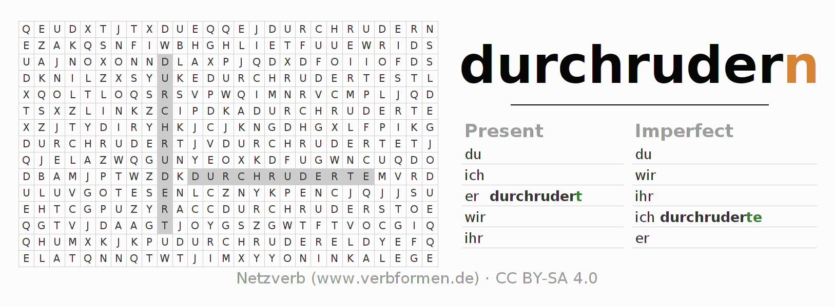 Word search puzzle for conjugation of German verb durchrudern