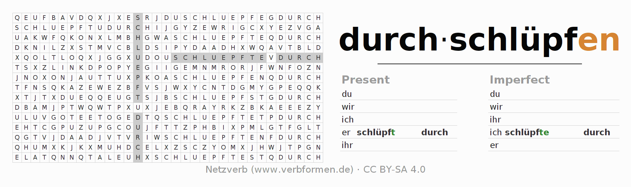 Word search puzzle for conjugation of German verb durchschlüpfen
