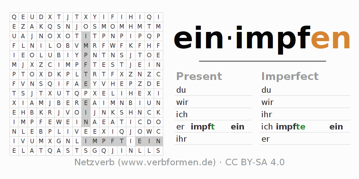 Word search puzzle for conjugation of German verb einimpfen