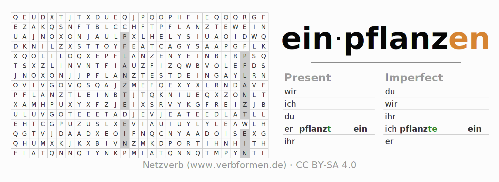 Word search puzzle for conjugation of German verb einpflanzen