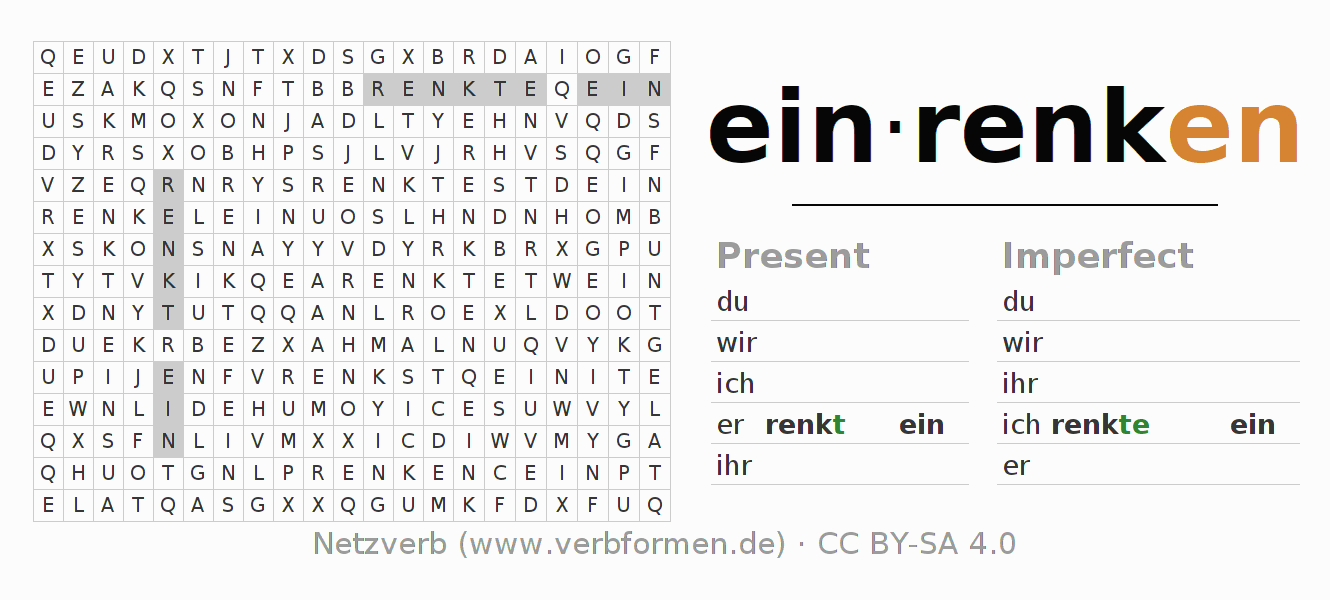 Word search puzzle for conjugation of German verb einrenken