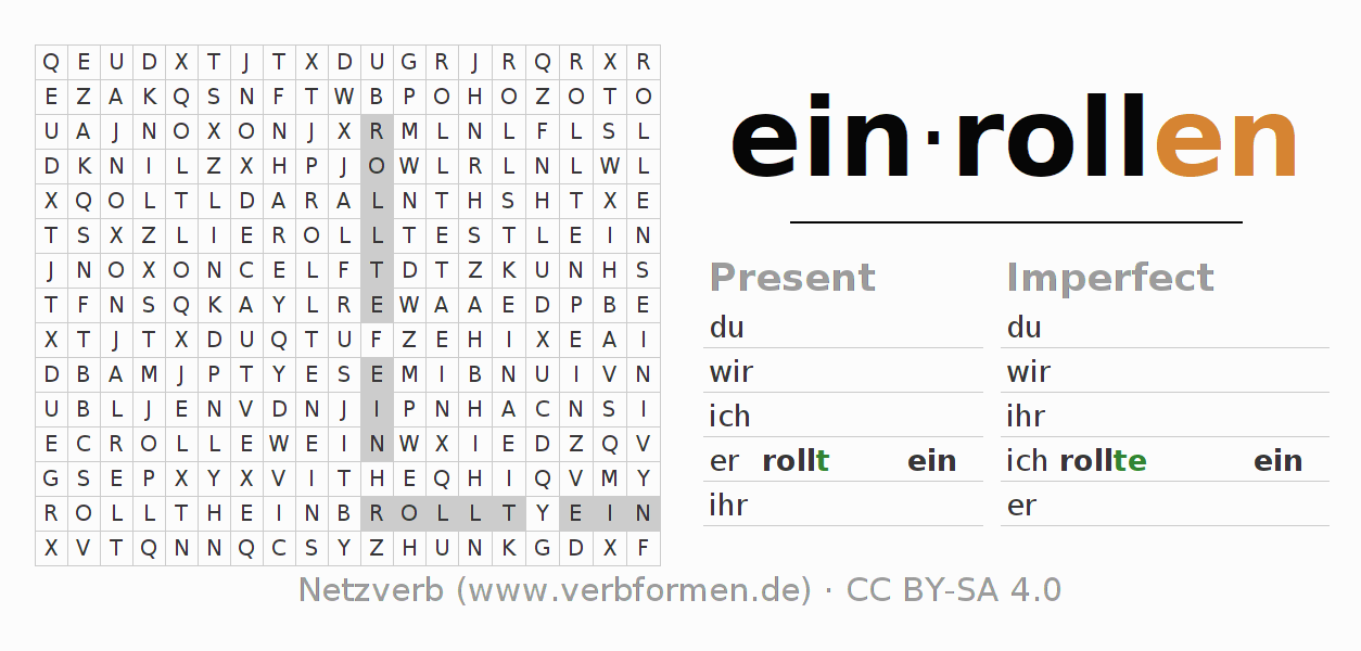 Word search puzzle for conjugation of German verb einrollen (hat)