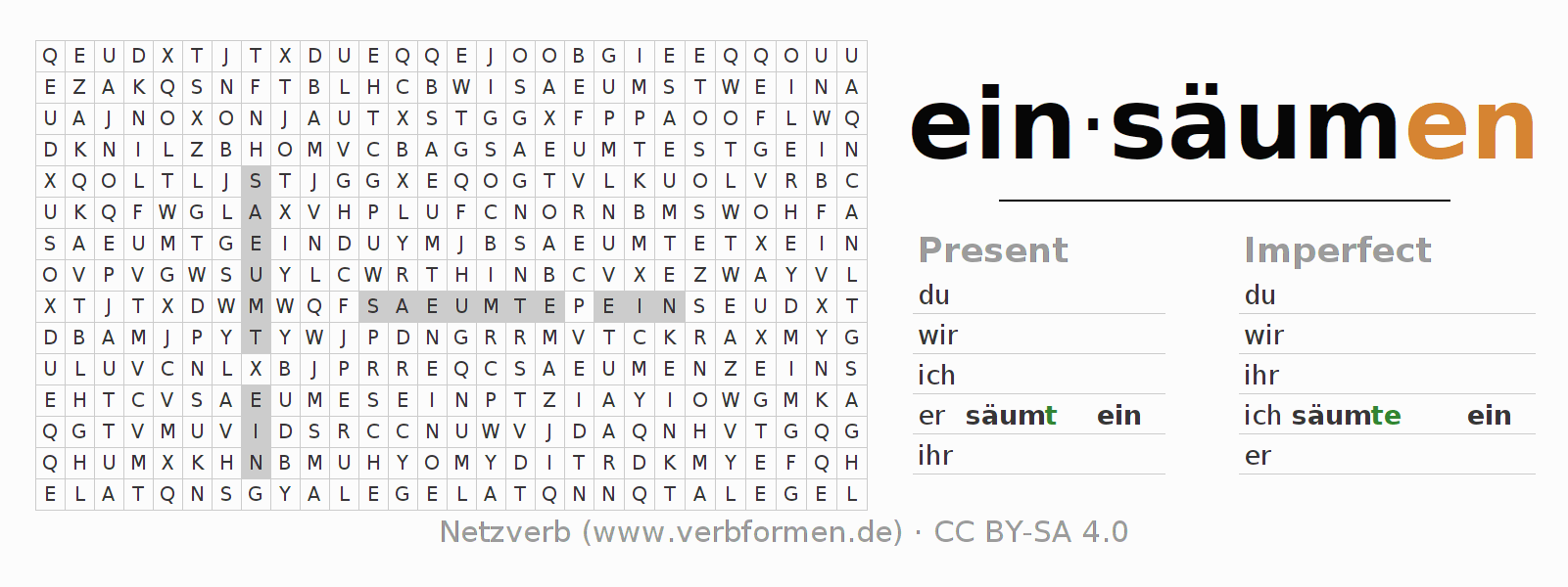 Word search puzzle for conjugation of German verb einsäumen