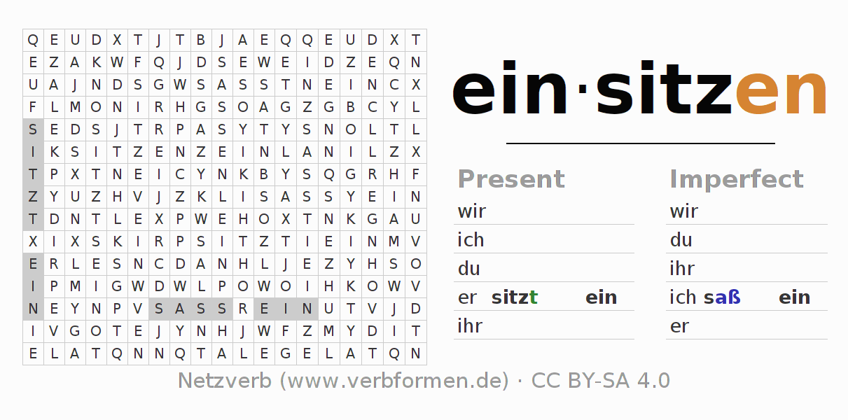 Word search puzzle for conjugation of German verb einsitzen (hat)