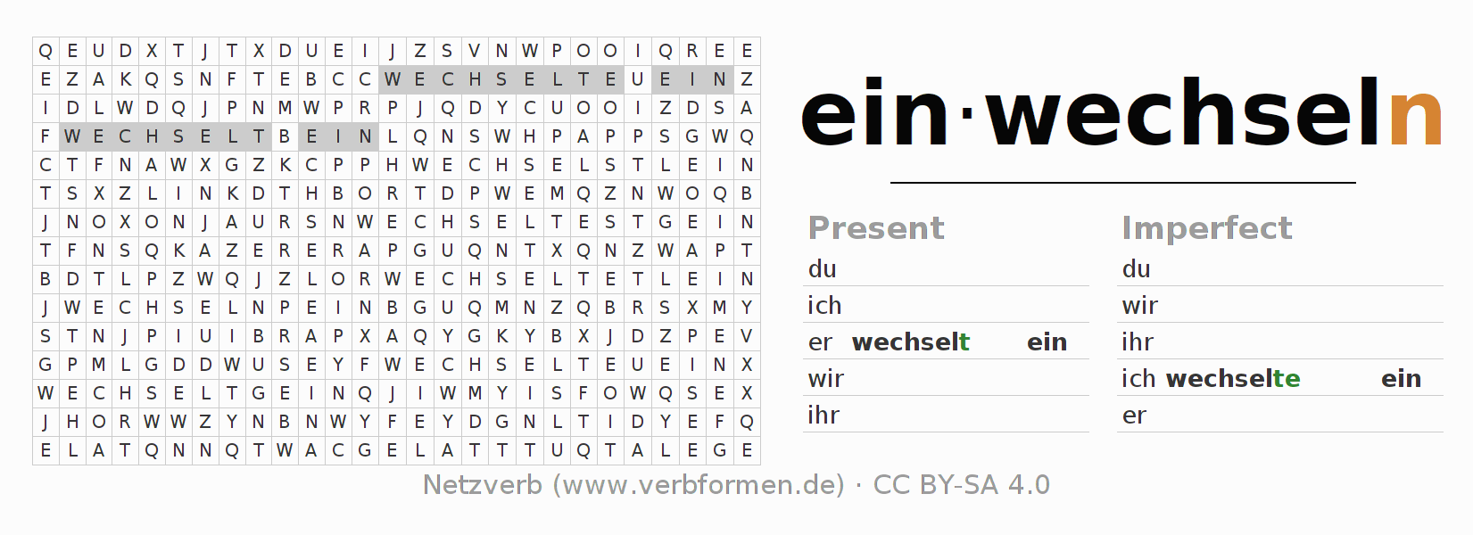 Word search puzzle for conjugation of German verb einwechseln (ist)