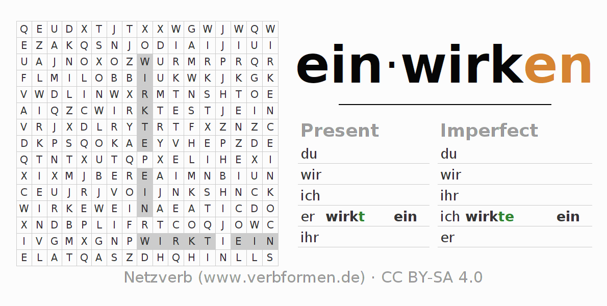 Word search puzzle for conjugation of German verb einwirken
