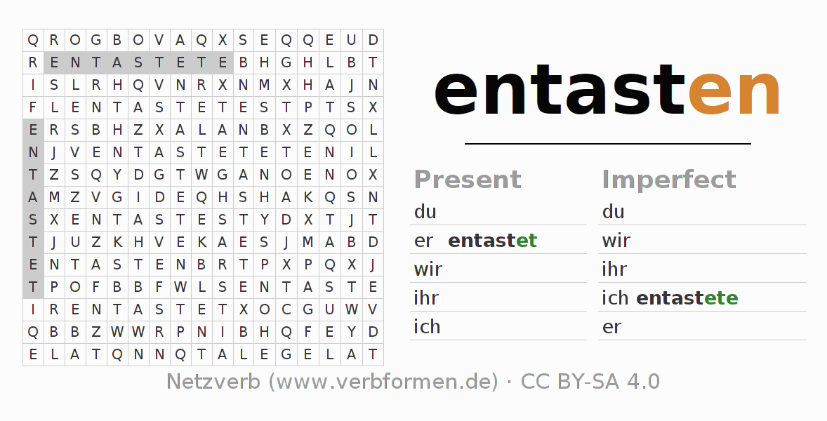 Word search puzzle for conjugation of German verb entasten