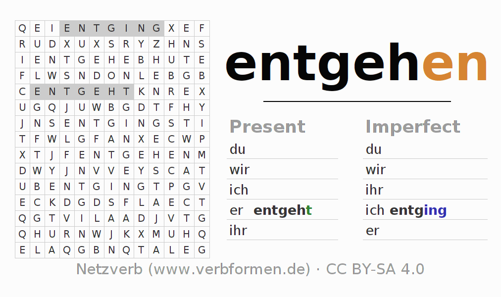 Word search puzzle for conjugation of German verb entgehen