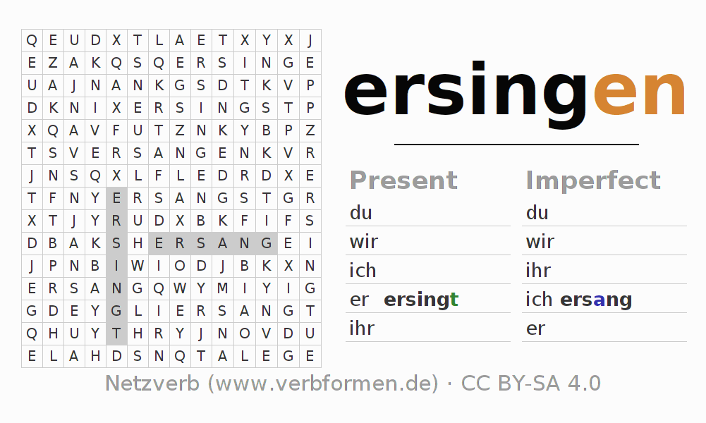 Word search puzzle for conjugation of German verb ersingen