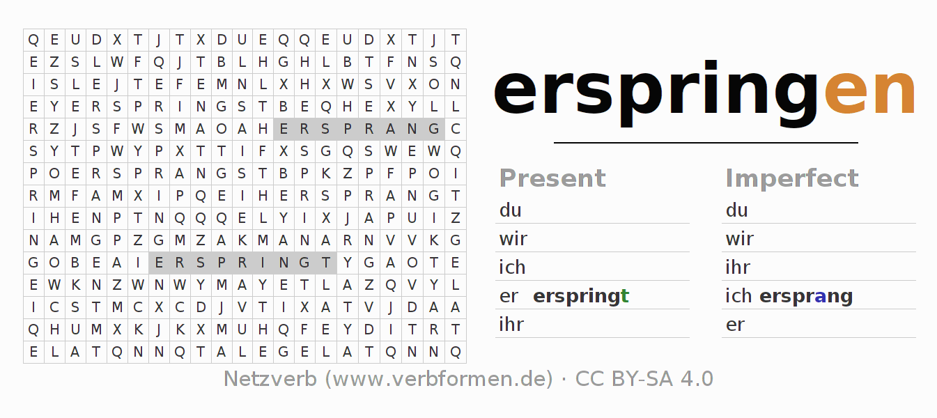 Word search puzzle for conjugation of German verb erspringen