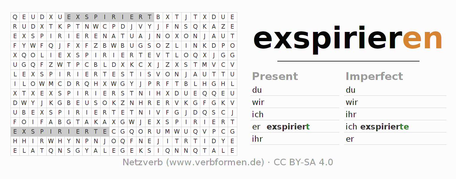 Word search puzzle for conjugation of German verb exspirieren