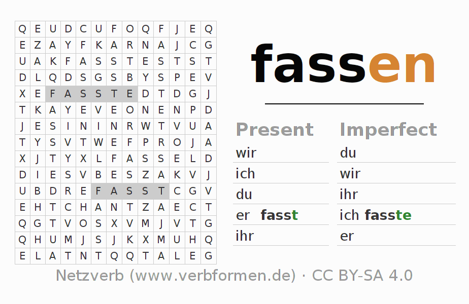 Word search puzzle for conjugation of German verb fassen