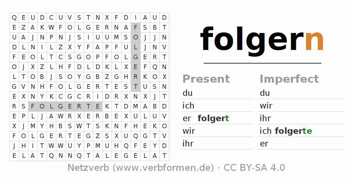 Word search puzzle for conjugation of German verb folgern