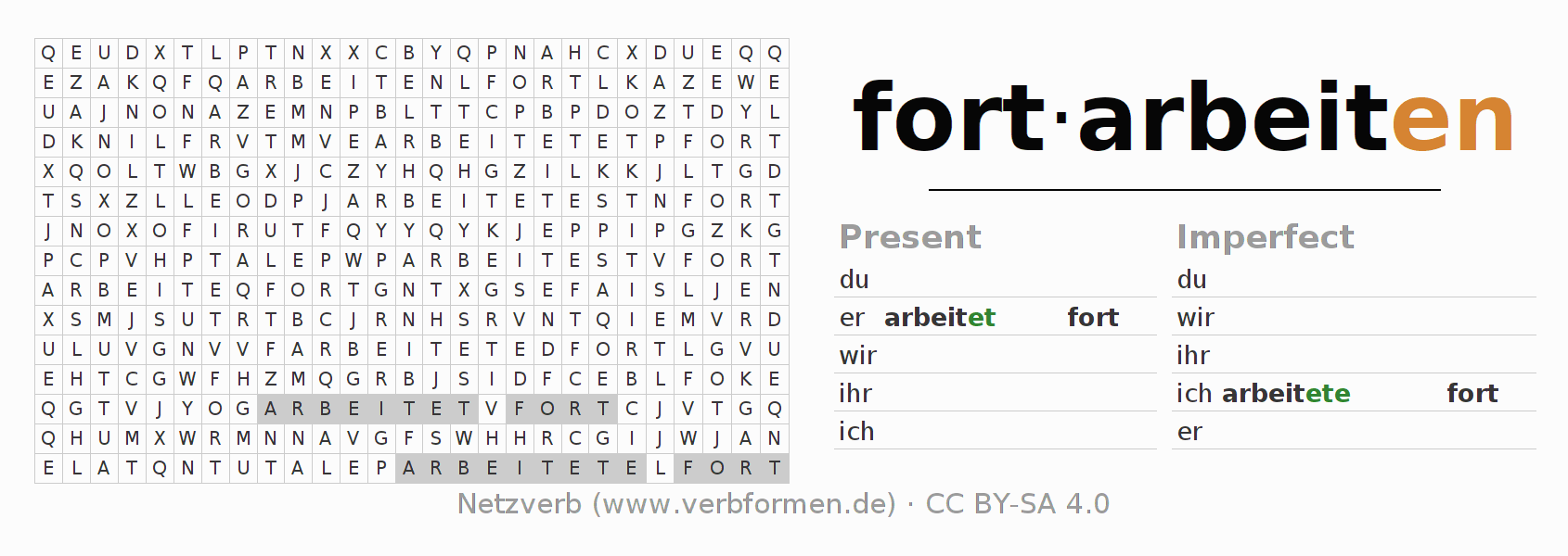 Word search puzzle for conjugation of German verb fortarbeiten