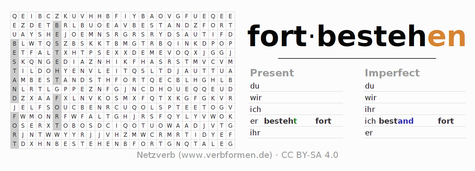 Word search puzzle for conjugation of German verb fortbestehen (hat)