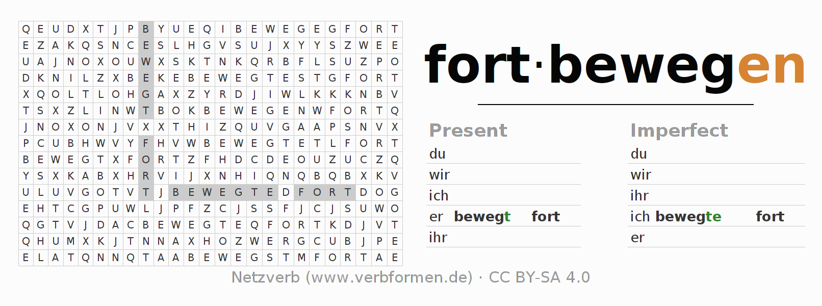 Word search puzzle for conjugation of German verb fortbewegen
