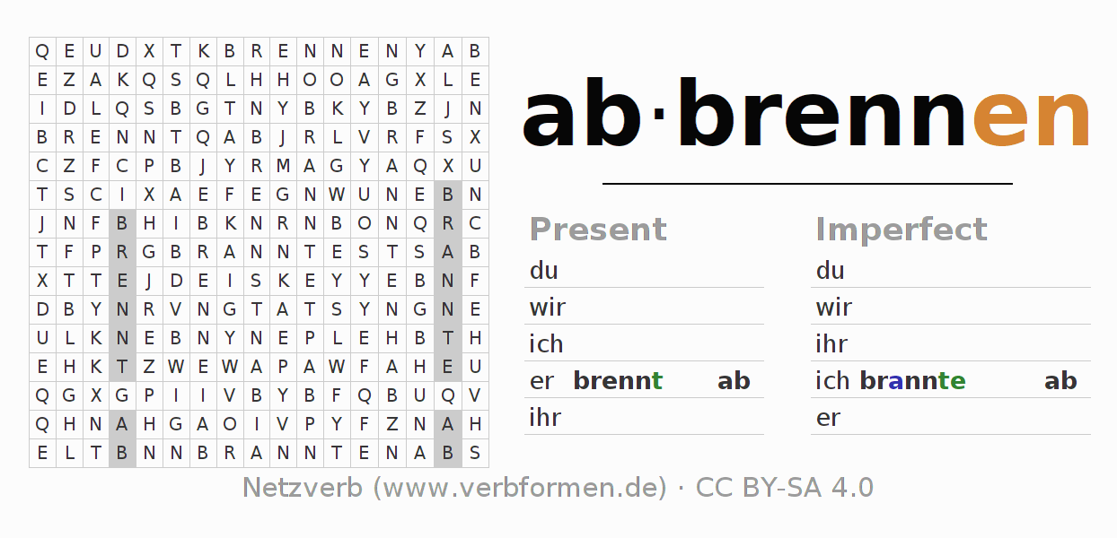 Word search puzzle for conjugation of German verb abbrennen (hat)