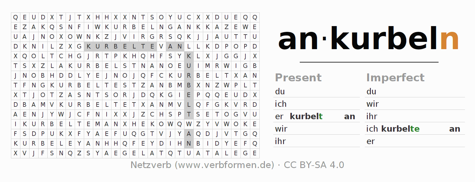 Word search puzzle for conjugation of German verb ankurbeln