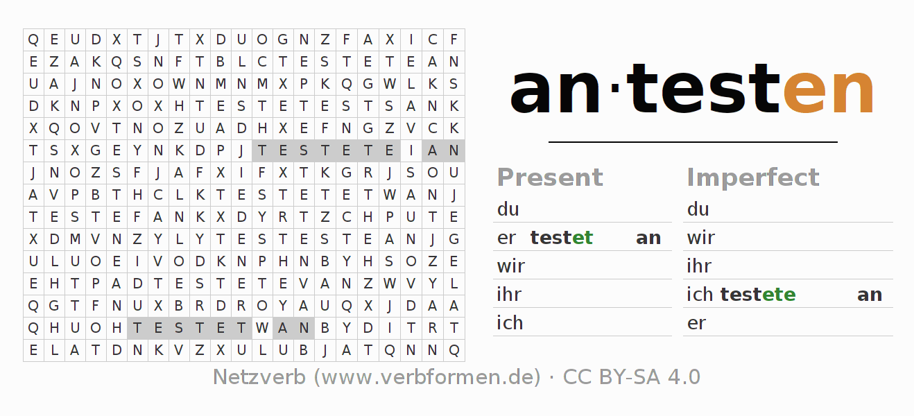 Word search puzzle for conjugation of German verb antesten
