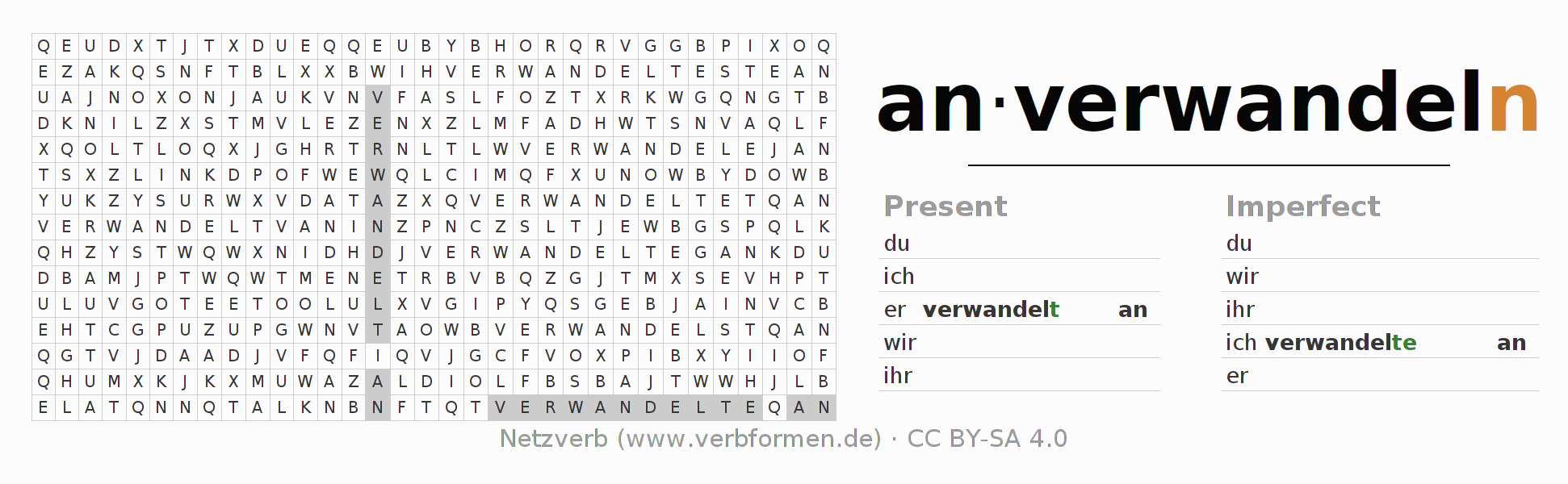 Word search puzzle for conjugation of German verb anverwandeln