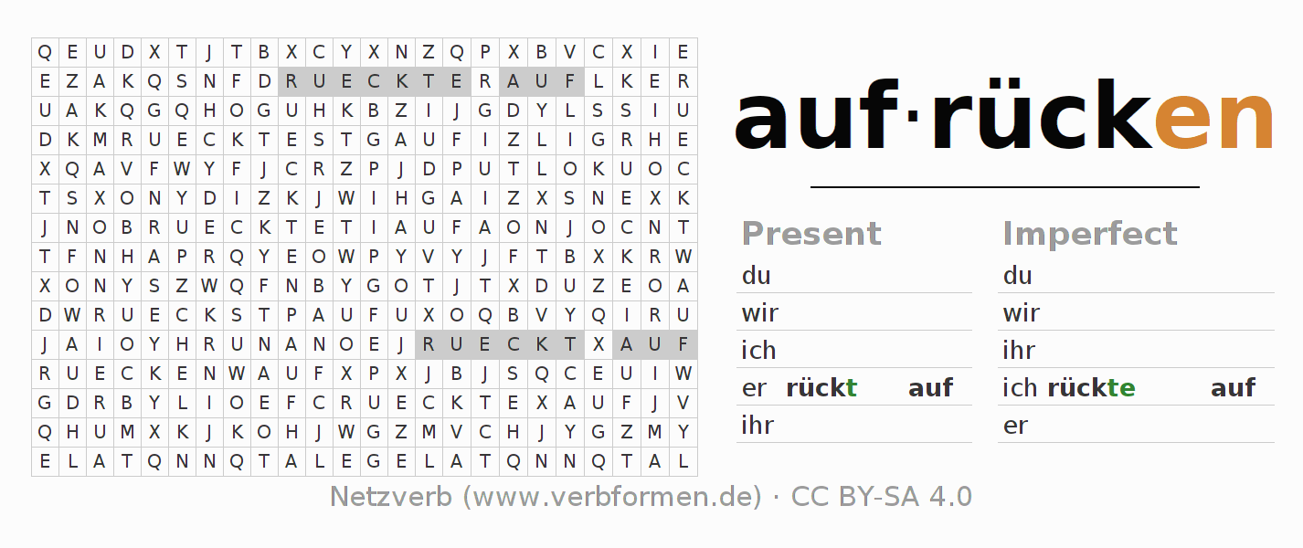 Word search puzzle for conjugation of German verb aufrücken