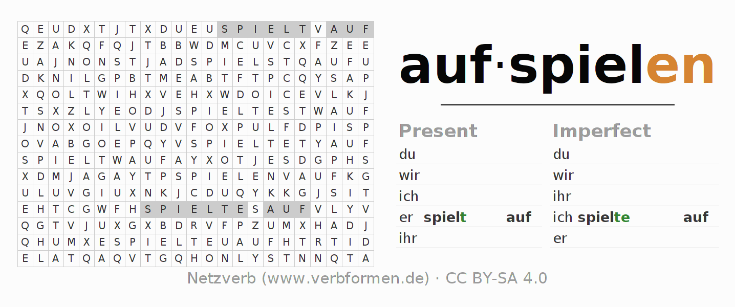 Word search puzzle for conjugation of German verb aufspielen