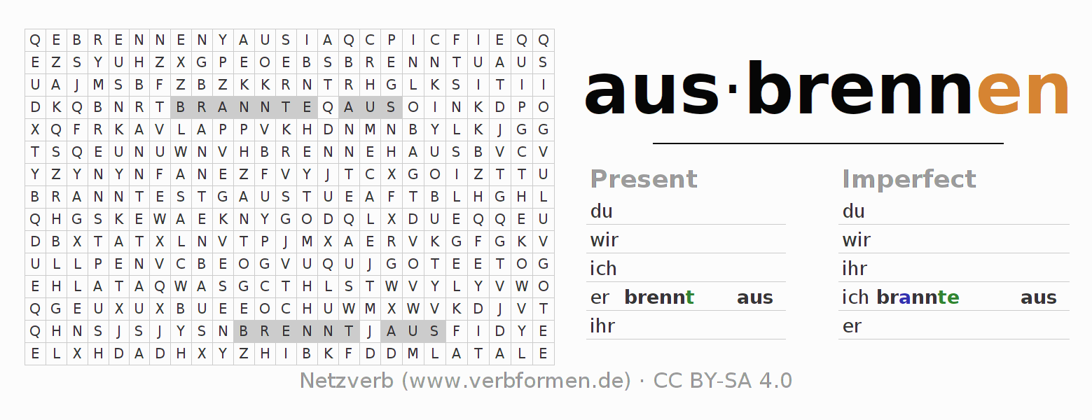 Word search puzzle for conjugation of German verb ausbrennen (hat)