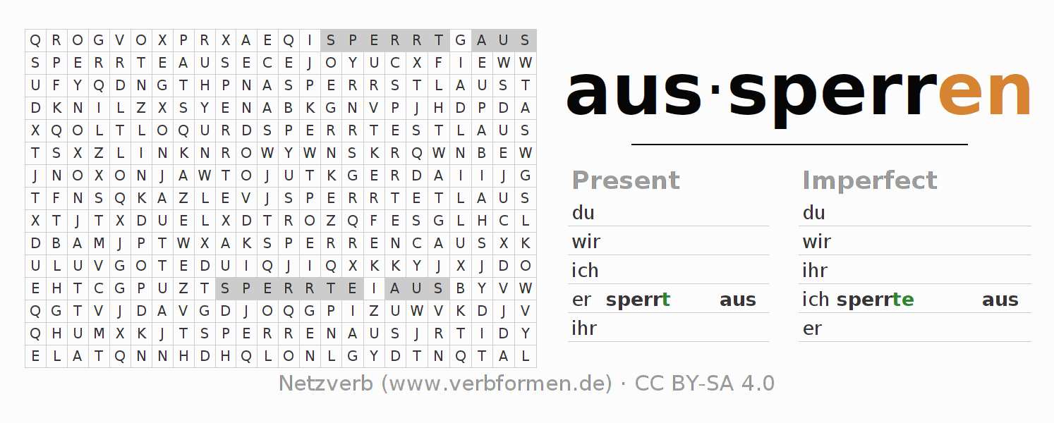Word search puzzle for conjugation of German verb aussperren