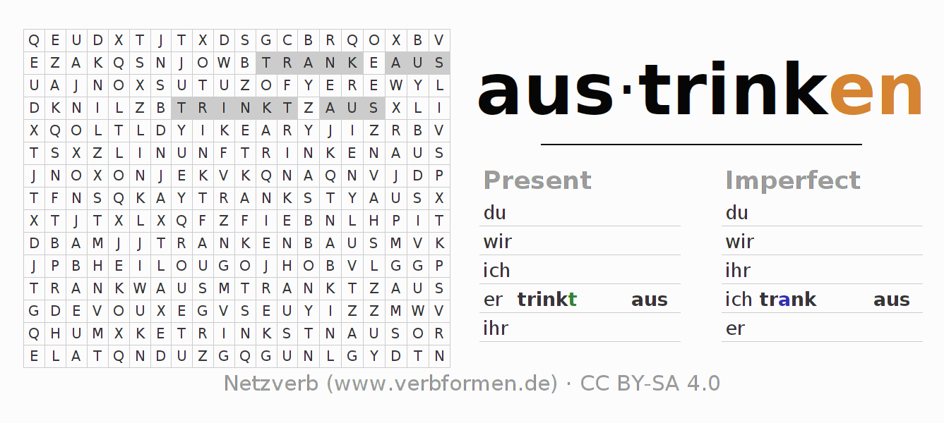 Word search puzzle for conjugation of German verb austrinken