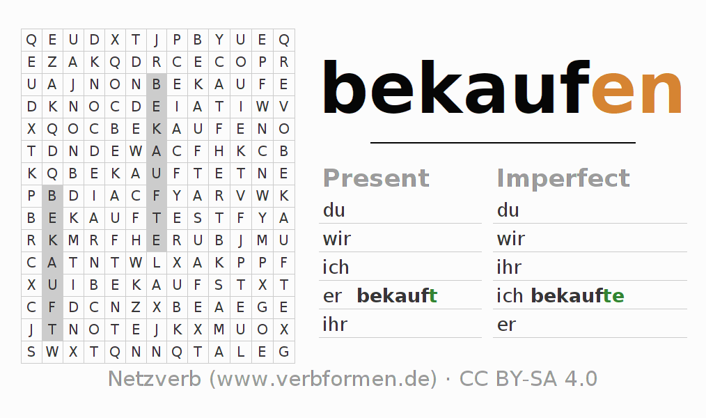 Word search puzzle for conjugation of German verb bekaufen