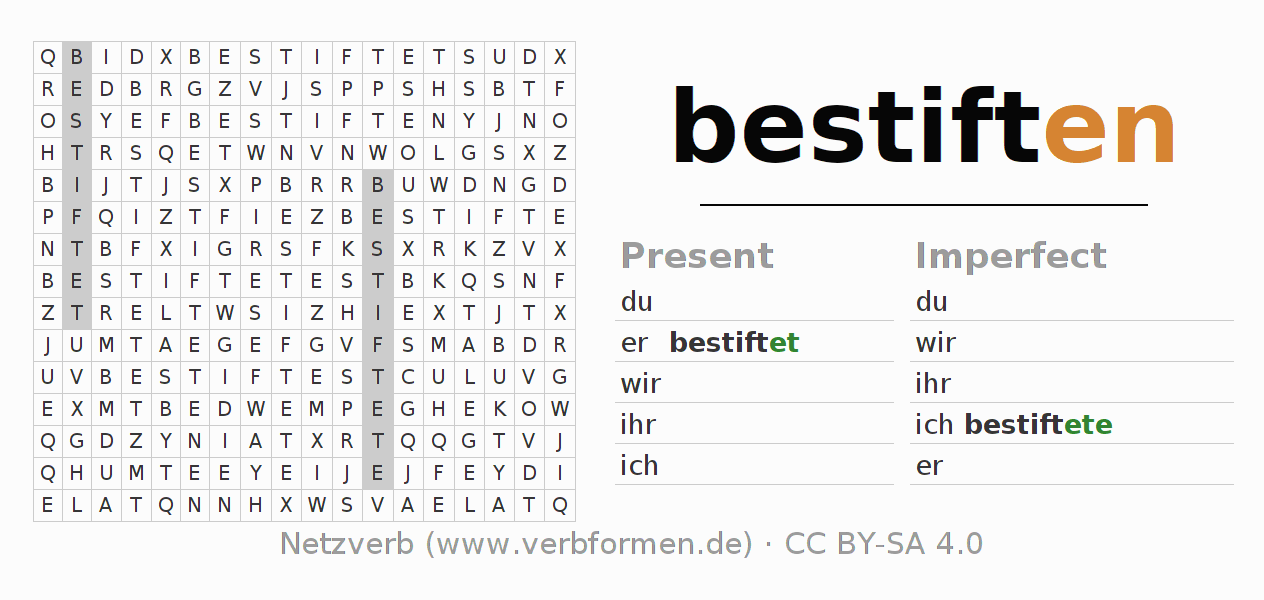 Word search puzzle for conjugation of German verb bestiften
