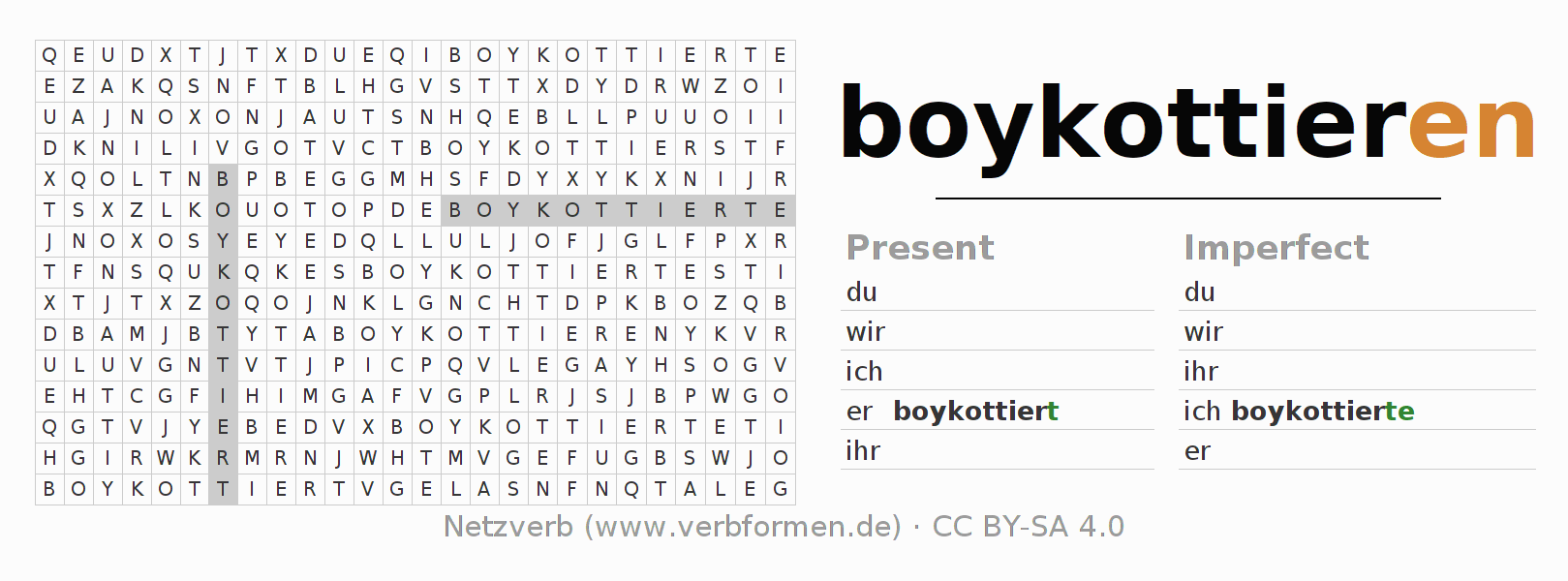 Word search puzzle for conjugation of German verb boykottieren