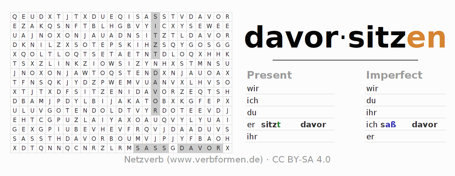 Word search puzzle for conjugation of German verb davorsitzen (ist)