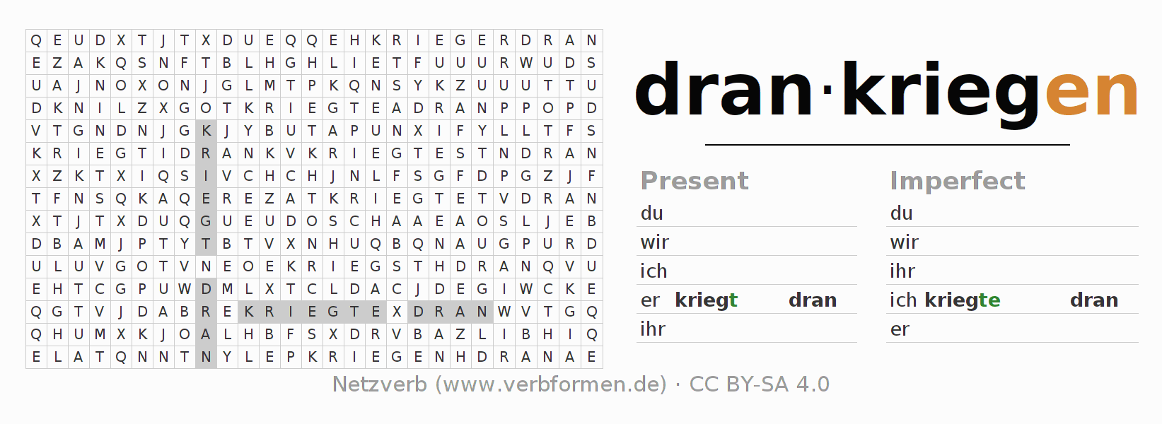 Word search puzzle for conjugation of German verb drankriegen