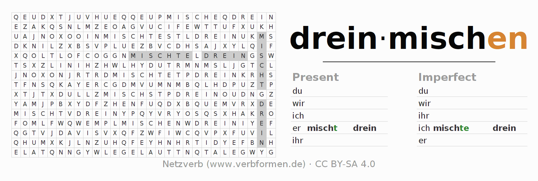 Word search puzzle for conjugation of German verb dreinmischen