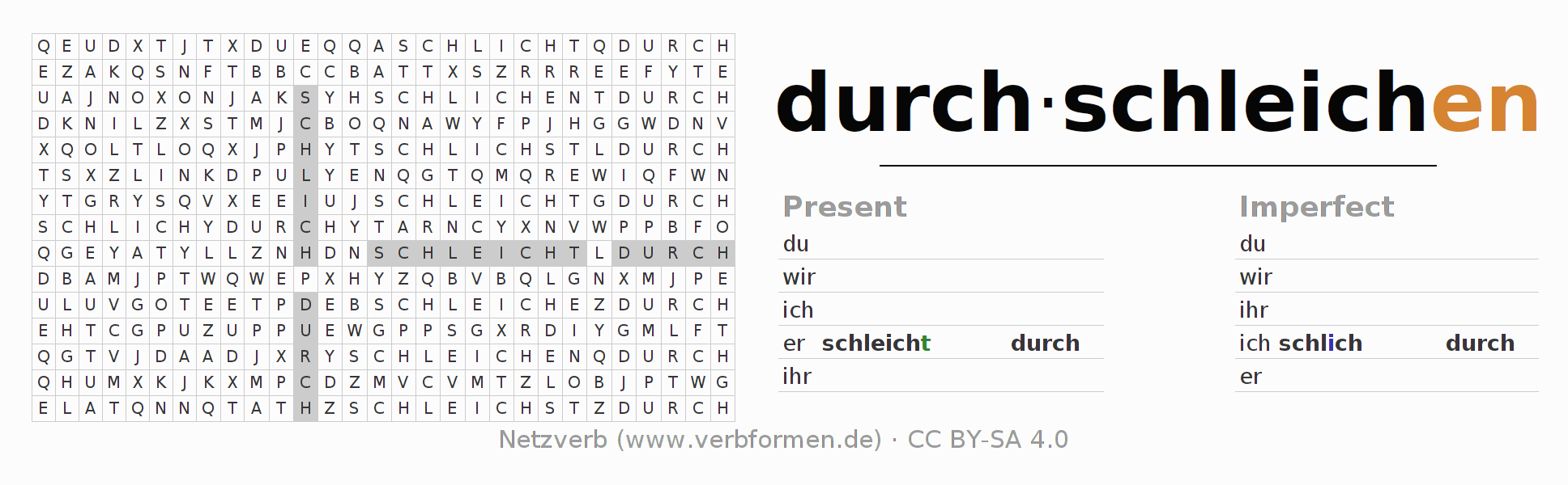 Word search puzzle for conjugation of German verb durch-schleichen (hat)