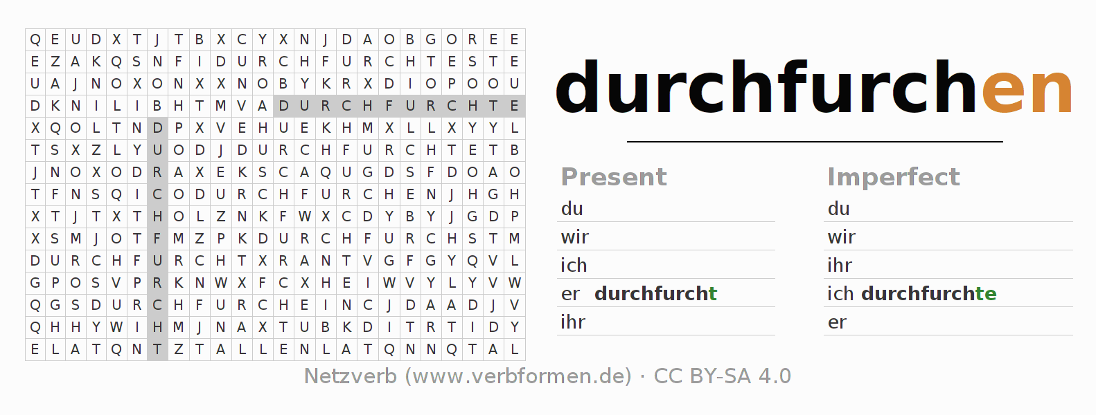 Word search puzzle for conjugation of German verb durchfurchen